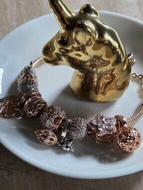 Pandora 9 Rose Gold Charms On A Moments Heart T-Bar Snake Bracelet Size 7.5